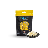 kakato freeze-dried chicken breast snacks in resealable black and yellow pouch with cubed pieces on plate
